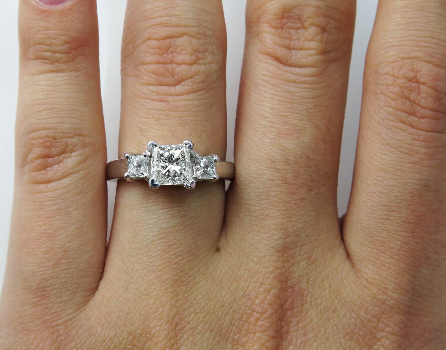 Women's GIA 1.60 Carat Princess Diamond Three-Stone Engagement Wedding White Gold Ring