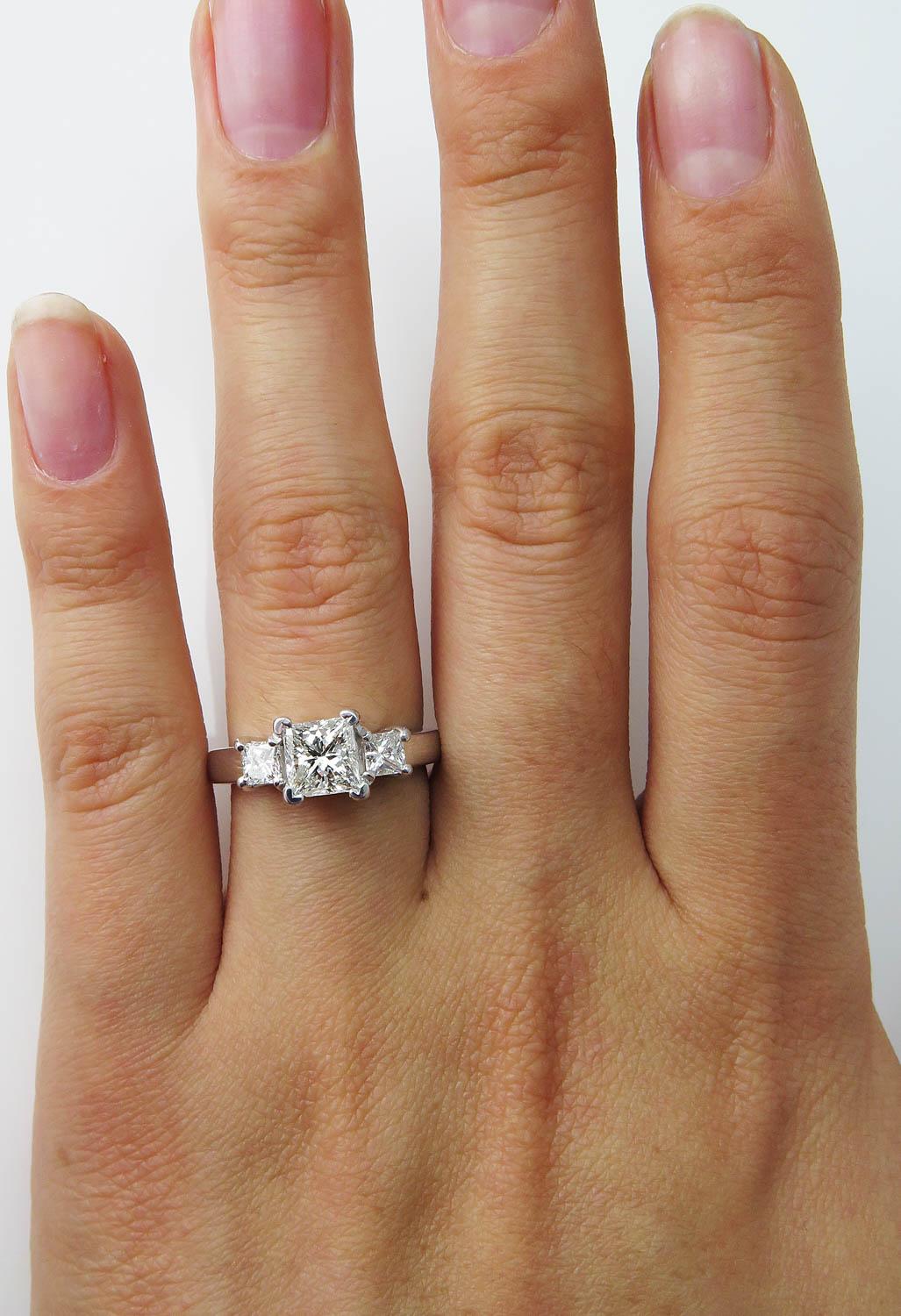 GIA 1.60 Carat Princess Diamond Three-Stone Engagement Wedding White Gold Ring 1