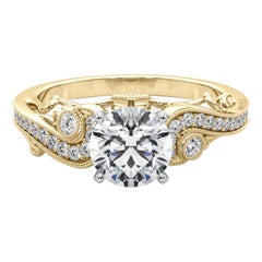 GIA 1,60 Carati Tondo a Tre Pietre Curvo Bypass Anello con Diamante in Oro Giallo 18K