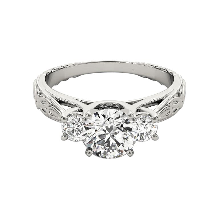 GIA 1,60 quilates Redonda Tres Piedras Vintage Milgrain  Anillo de diamantes