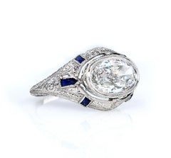 GIA 1.60 Carat Old Oval Diamond French Calibre Sapphire Engagement Platinum Ring
