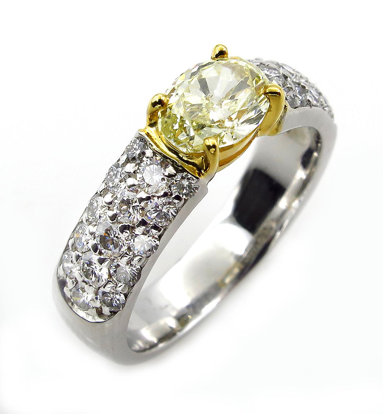Oval Cut GIA 1.62 Carat Natural Fancy Yellow Oval Diamond Engagement Ring Pave Platinum