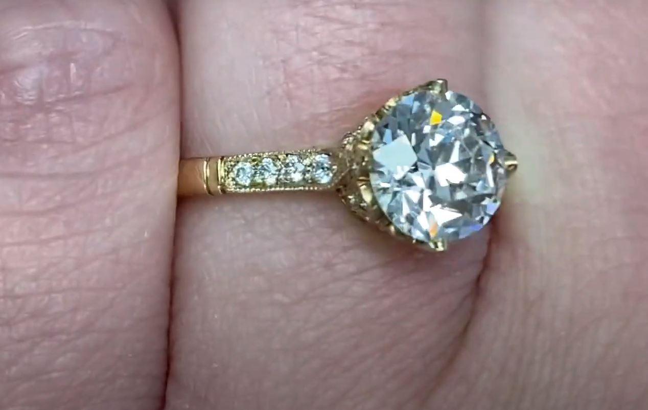 GIA 1.63 Carat Old Euro-Cut Diamond Engagement Ring, F Color, Yellow Gold In Excellent Condition In New York, NY