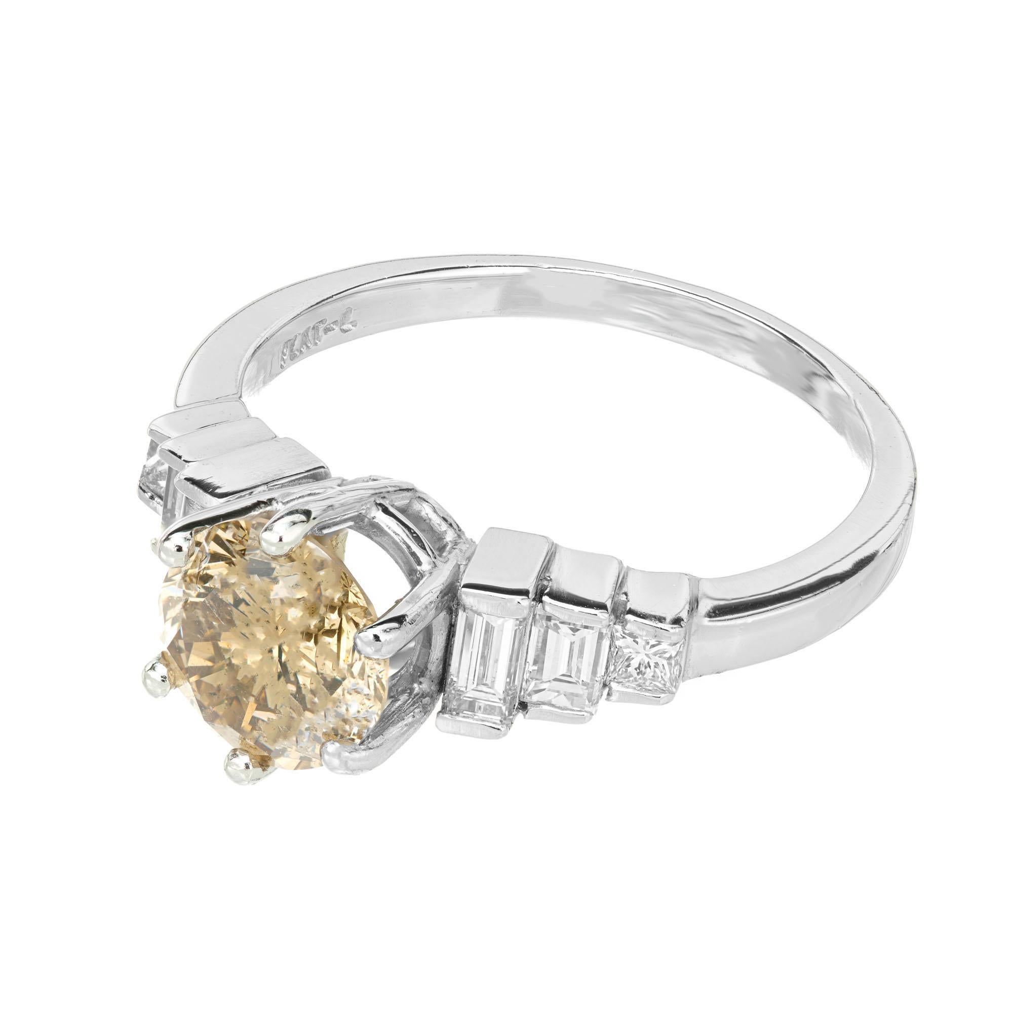 Round Cut GIA 1.64 Carat Natural Yellow Brown Diamond Platinum Engagement Ring For Sale