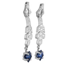 GIA 1.64 Carat Octagonal Sapphire Diamond Art Deco Platinum Dangle Earrings