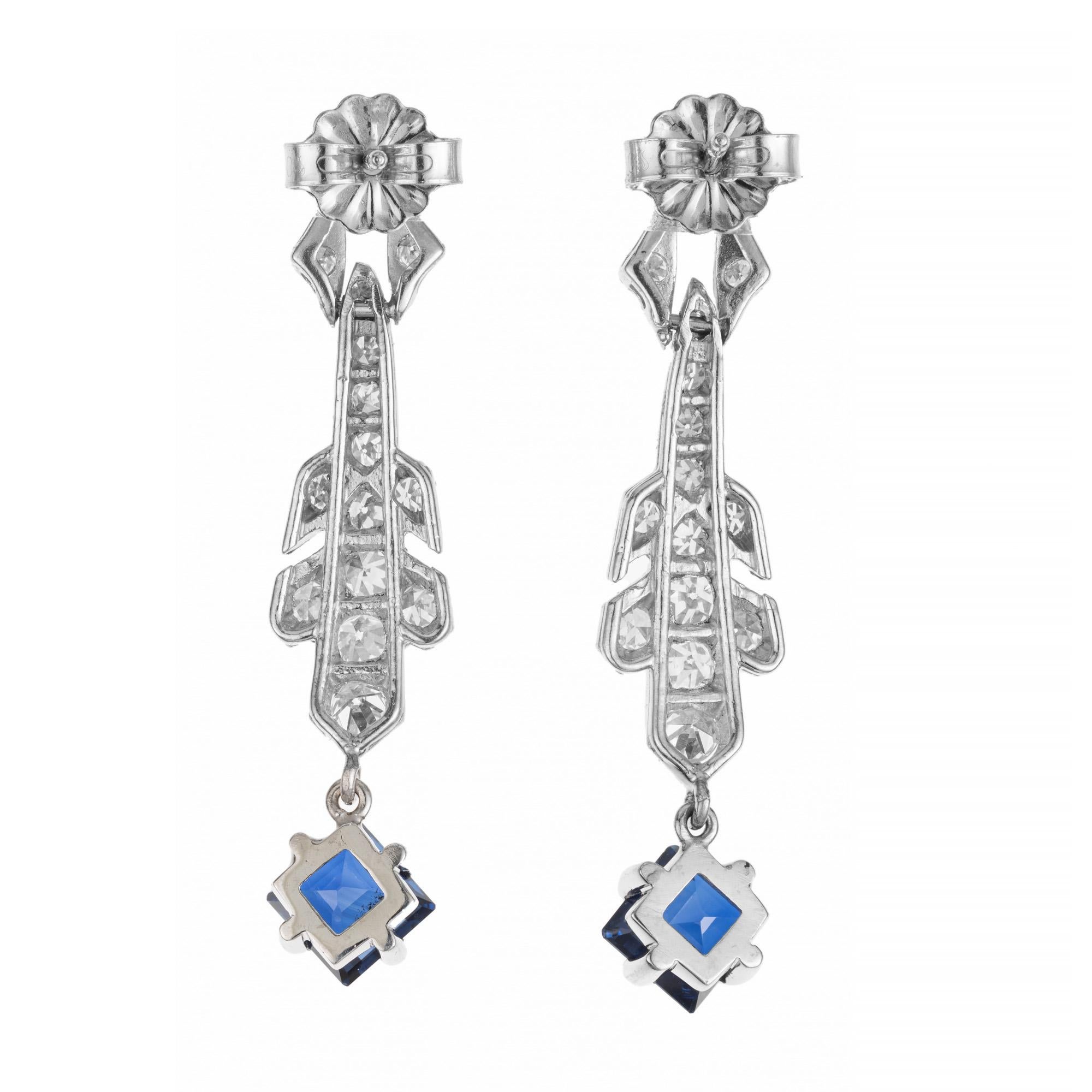 Octagon Cut GIA 1.64 Carat Octagonal Sapphire Diamond Art Deco Platinum Dangle Earrings  For Sale