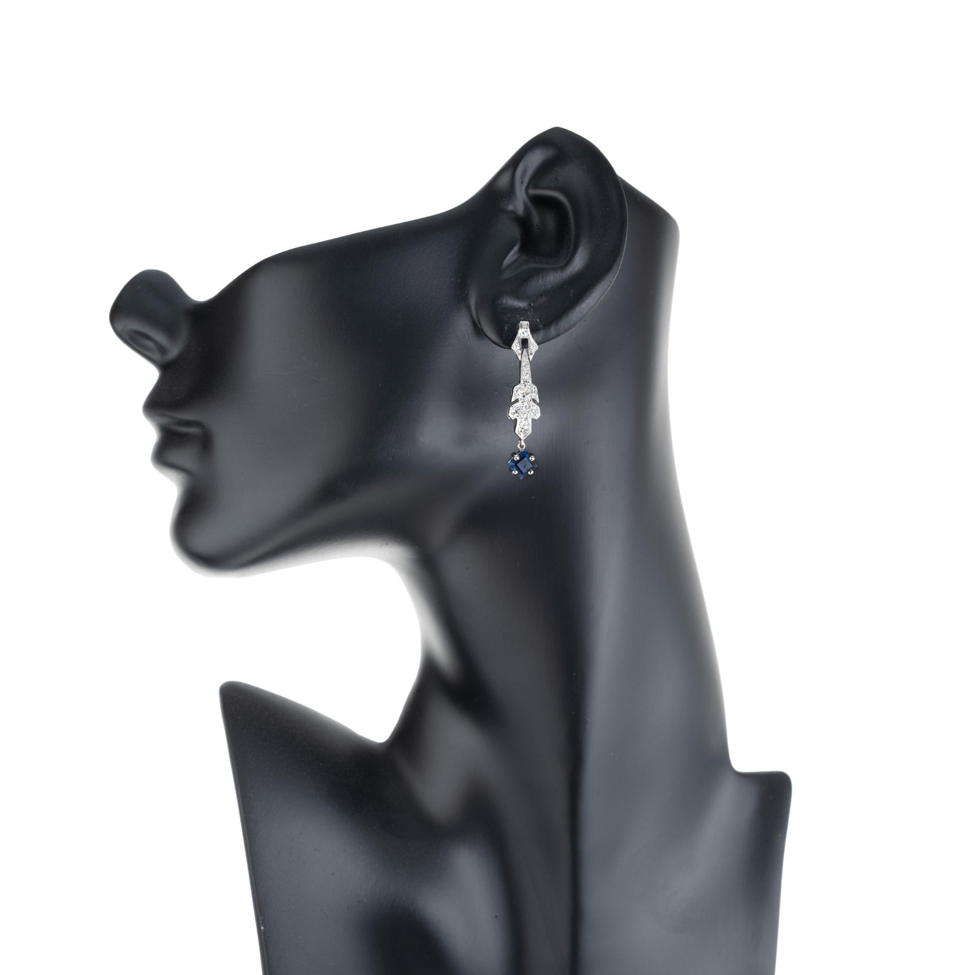 GIA 1.64 Carat Octagonal Sapphire Diamond Art Deco Platinum Dangle Earrings For Sale 2