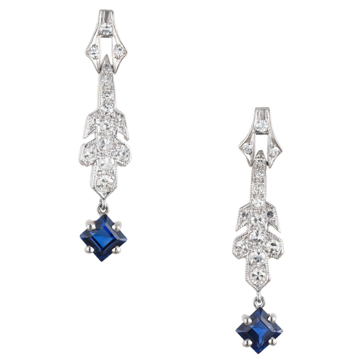 GIA 1.64 Carat Octagonal Sapphire Diamond Art Deco Platinum Dangle Earrings For Sale