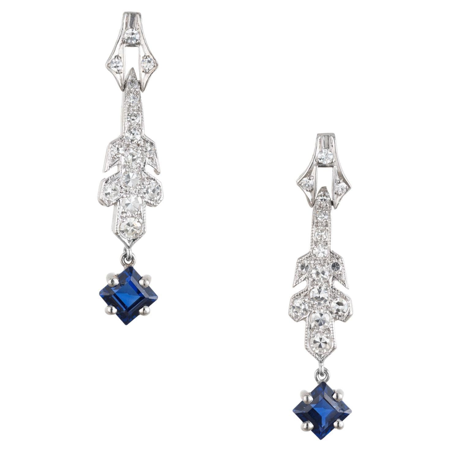 GIA 1.64 Carat Octagonal Sapphire Diamond Art Deco Platinum Dangle Earrings  For Sale