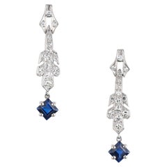 Antique GIA 1.64 Carat Octagonal Sapphire Diamond Art Deco Platinum Dangle Earrings 