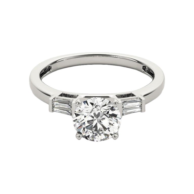 GIA 1.64ct Round Solitaire & Channel Baguette 18K White Gold Diamond Ring in vendita