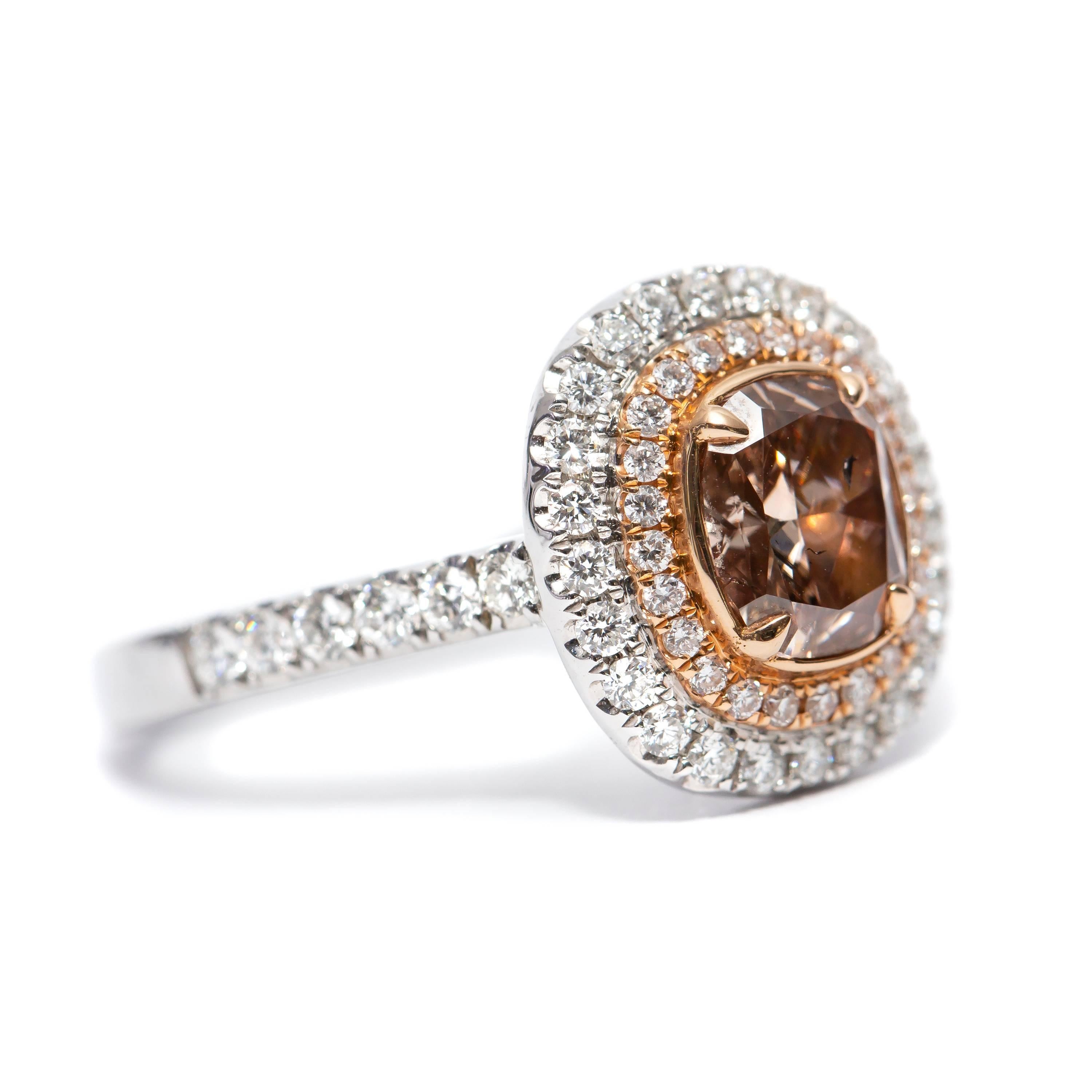 Modern GIA 1.65 Carat Fancy Orange Brown 18 Karat White Gold Diamond Cushion Ring For Sale