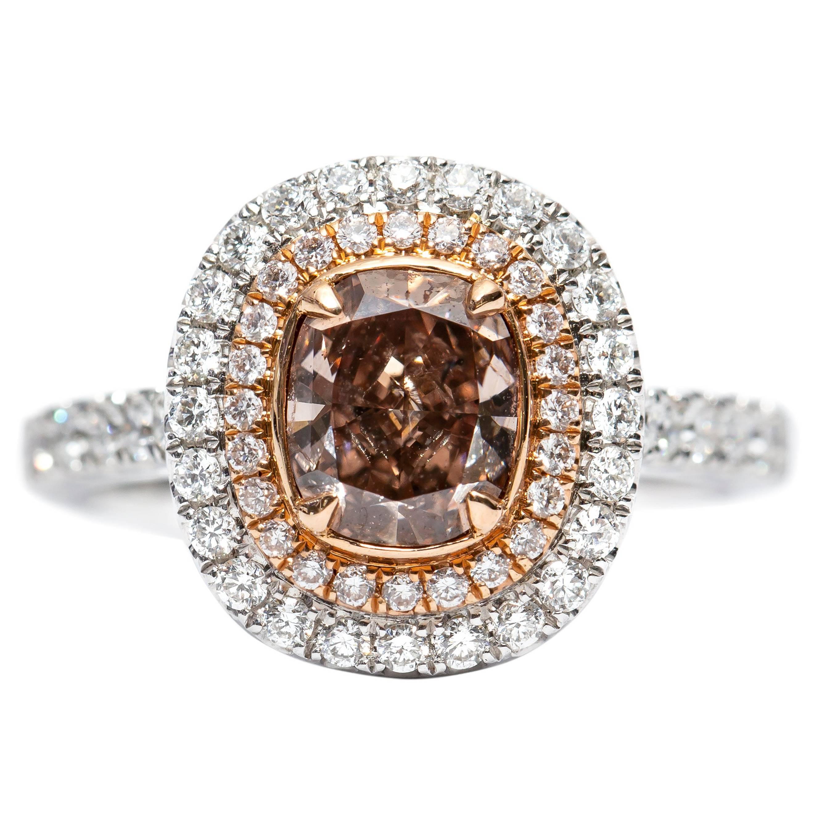 GIA 1.65 Carat Fancy Orange Brown 18 Karat White Gold Diamond Cushion Ring For Sale