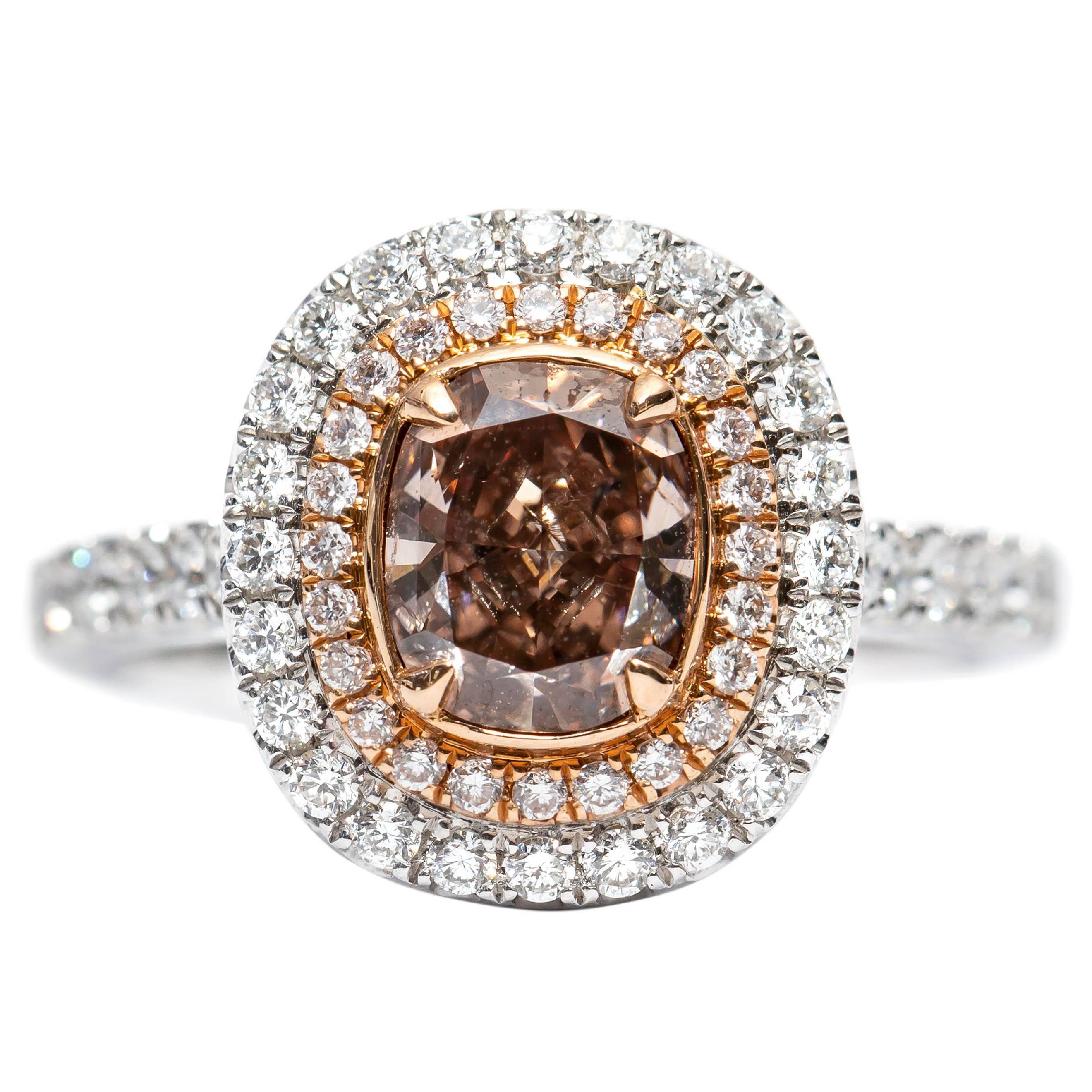 GIA 1.65 CT Fancy Orange Brown 18 KT White Gold Diamond Cushion Engagement Ring For Sale