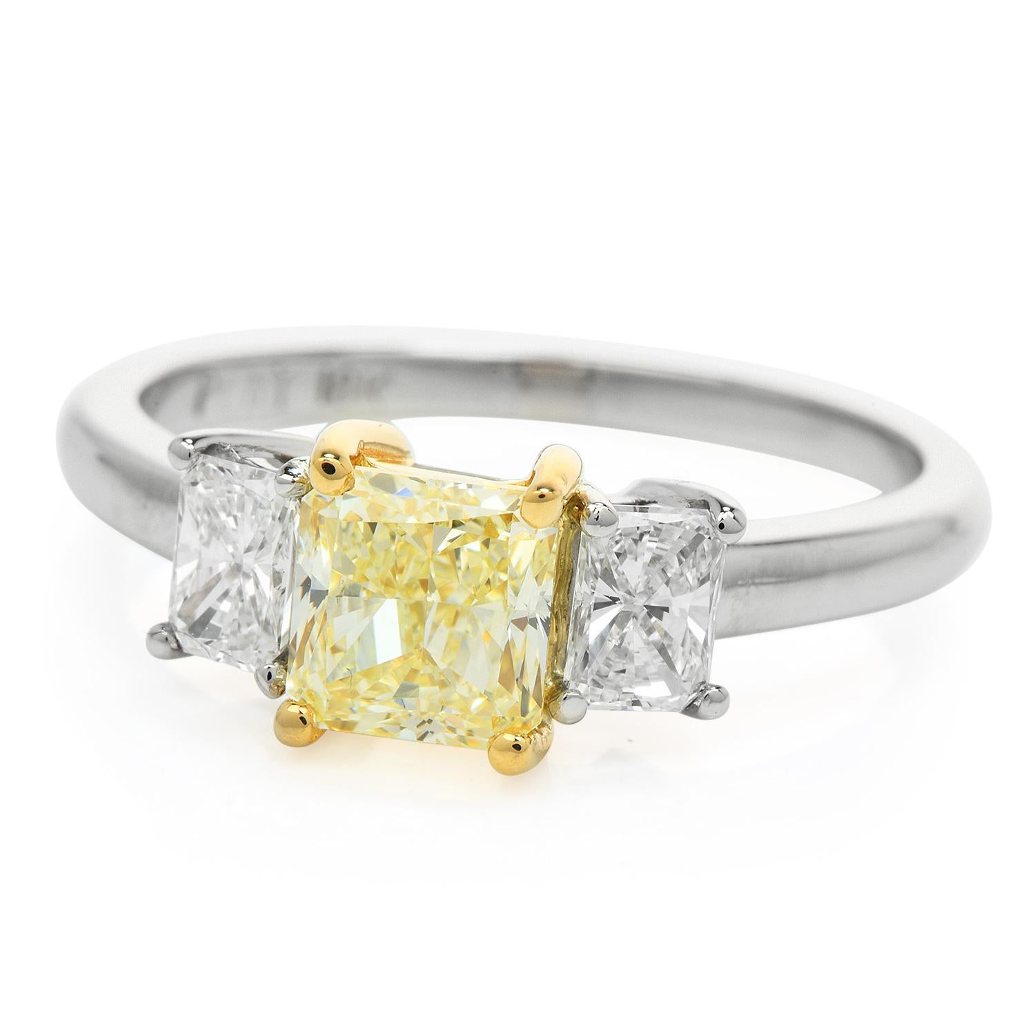 Modern GIA 1.65ct Princess cut Yellow Diamond Platinum 18K Gold Three Stone Engagement 
