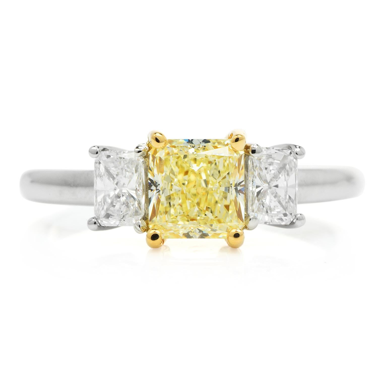 GIA 1.65ct Princess cut Yellow Diamond Platinum 18K Gold Three Stone Engagement  In Excellent Condition In Miami, FL