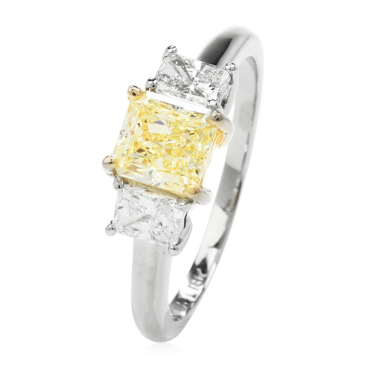 GIA 1.65ct Princess cut Yellow Diamond Platinum 18K Gold Three Stone Engagement  2
