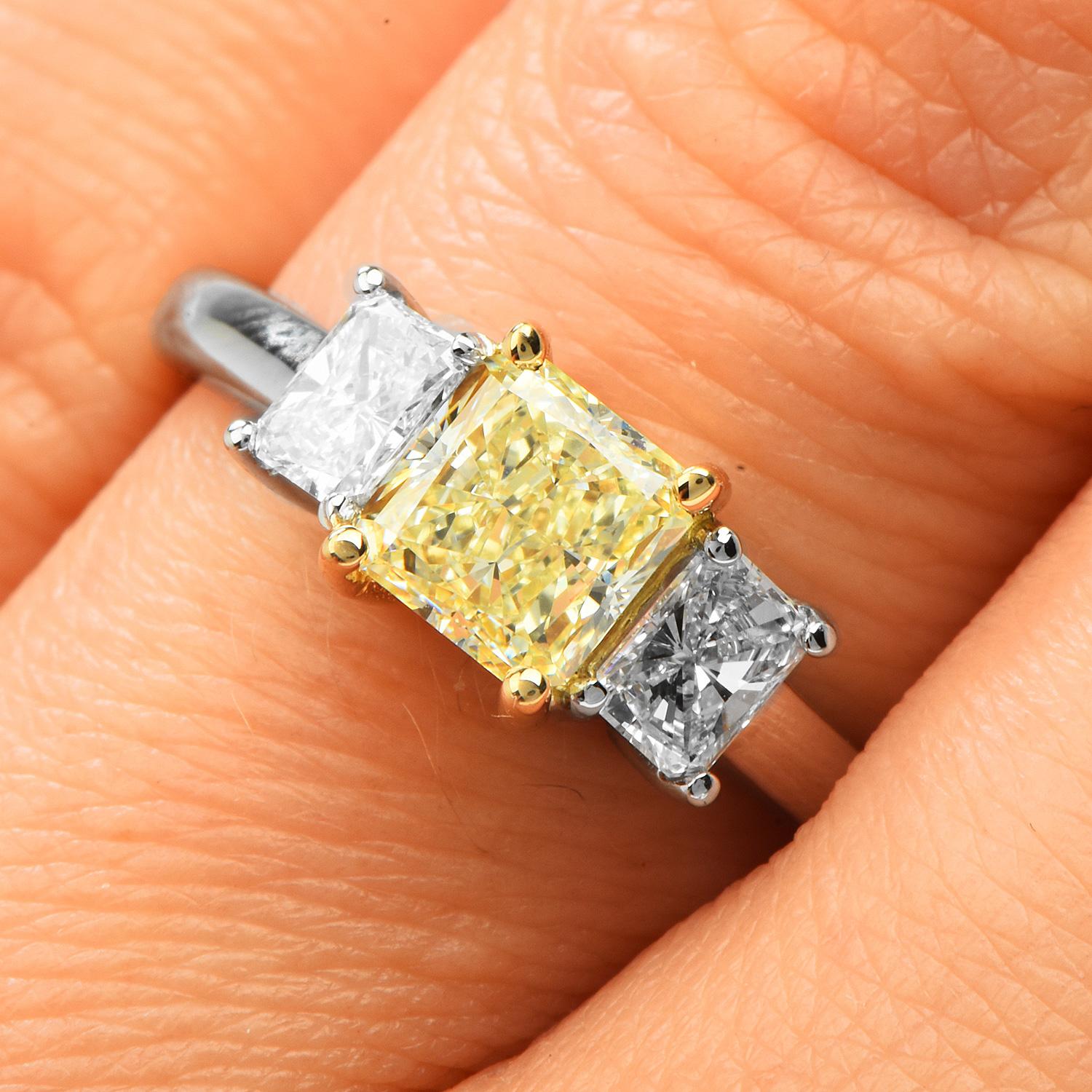 GIA 1.65ct Princess cut Yellow Diamond Platinum 18K Gold Three Stone Engagement  3