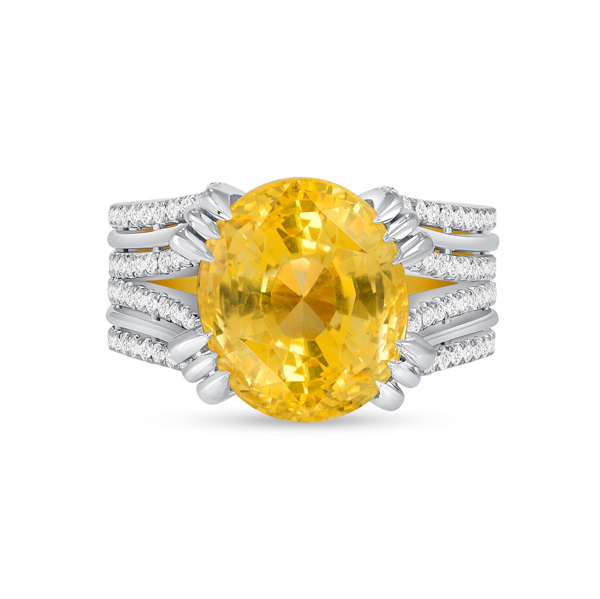 GIA 16.84ct Natural No Heat Ceylon Yellow Sapphire 18k White & Yellow Gold Ring For Sale 3