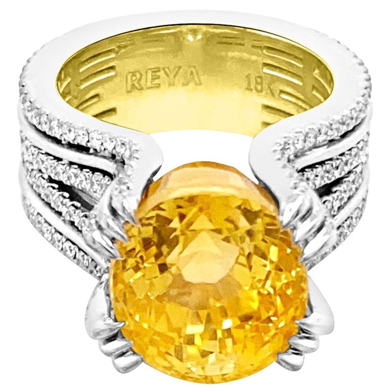 GIA 16.84ct Natural No Heat Ceylon Yellow Sapphire 18k White & Yellow Gold Ring For Sale