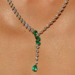 GIA 16.86cts Diamond Emerald 18k Gold Drop Tennis Necklace