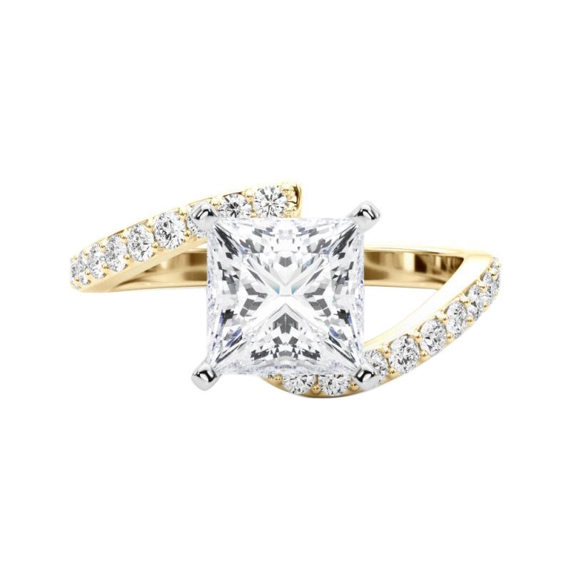 GIA 1.69 Carat Princess Curved Bypass Pave Shank 18K Yellow Gold Diamond Ring