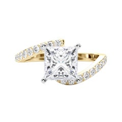 GIA 1.69 Carat Princess Curved Bypass Pave Shank 18K Yellow Gold Diamond Ring