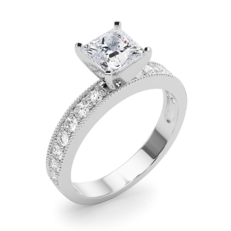 Donna GIA 1,69 Carati Princess Vintage Milgrain Channel Anello con diamanti in oro bianco 18K in vendita