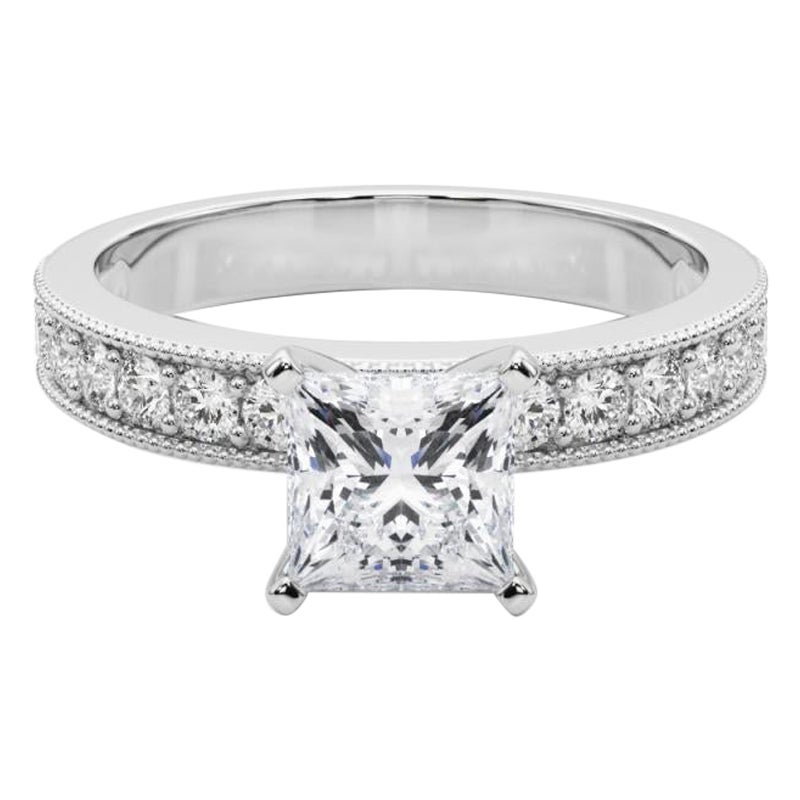 GIA 1,69 Carati Princess Vintage Milgrain Channel Anello con diamanti in oro bianco 18K