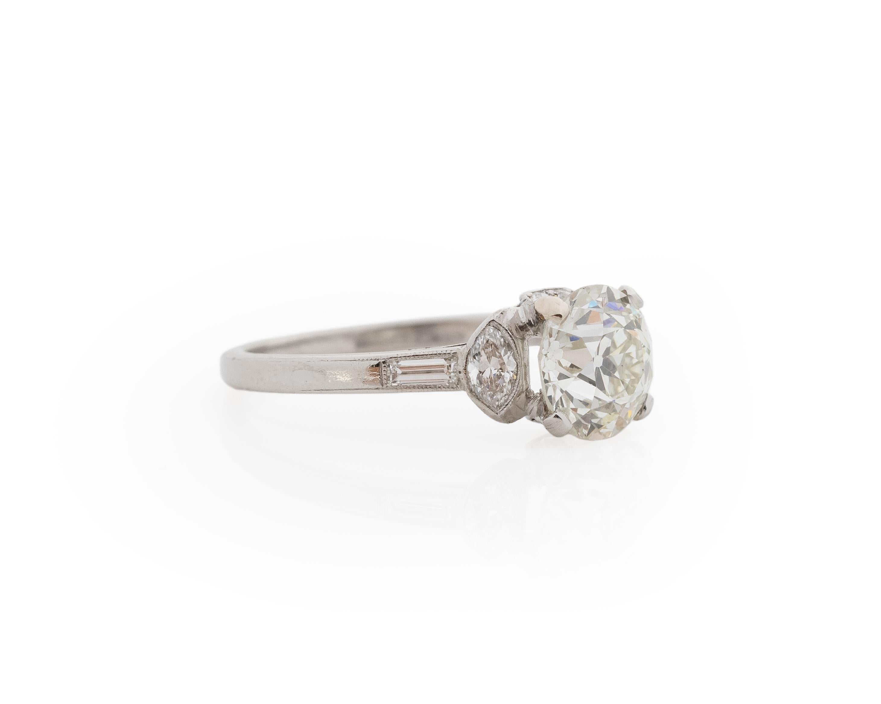 Year: 1930s

Item Details:
Ring Size: 7.25
Metal Type: Platinum [Hallmarked, and Tested]
Weight: 3.2 grams

Diamond Details:

GIA Report#:5231142674
Weight: 1.69ct total weight
Cut: Old European brilliant
Color: K
Clarity: VS2
Measurement: 7.55 x