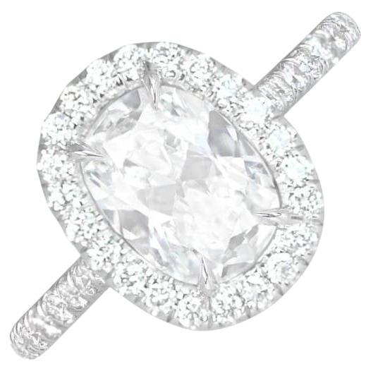 GIA 1.69ct Cushion Cut Diamond Engagement Ring, Diamond Halo, 18k White Gold For Sale