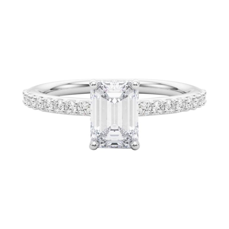 GIA 1,7 Karat Smaragd Halo geteilt Zinken Ewigkeit 18K Weißgold Diamantring