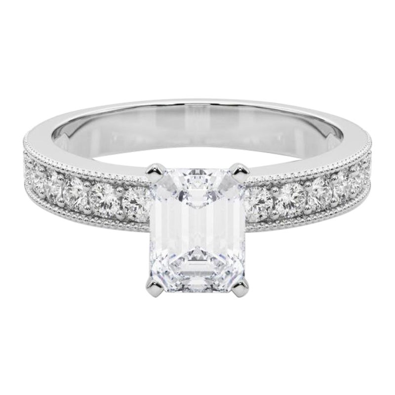 GIA 1,7 Karat Smaragd Vintage Milgrain Kanal 18K Weißgold Diamantring