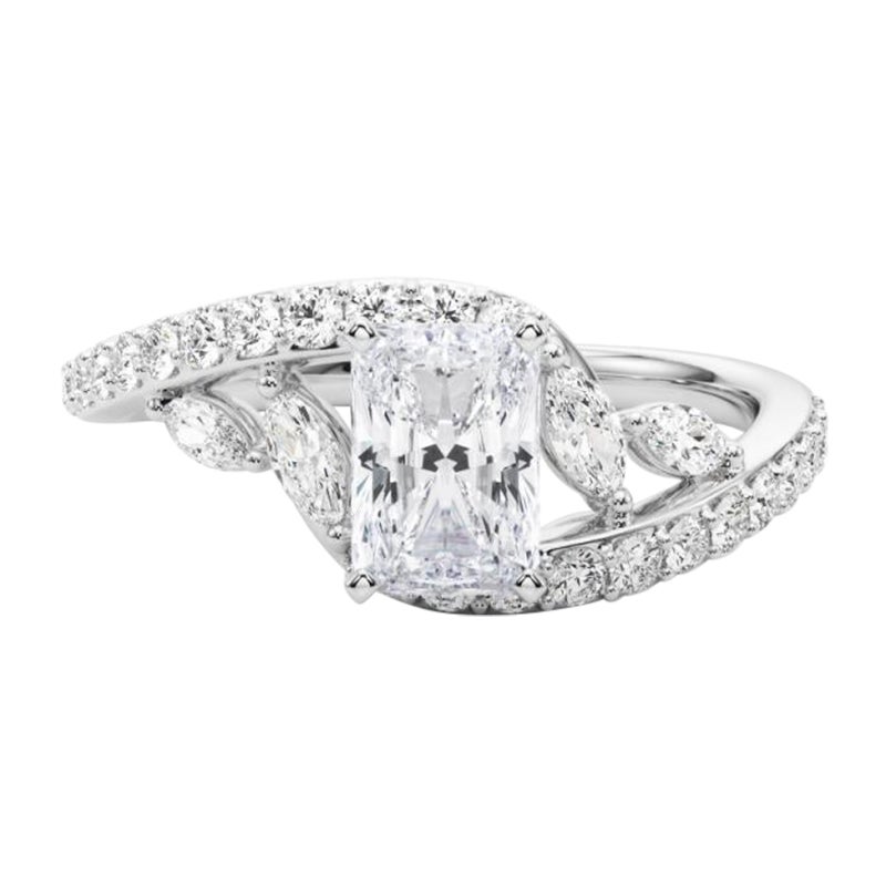 GIA 1.7 Carat Radiant Curved Bypass Leaf & Vine 18K White Gold Diamond Ring