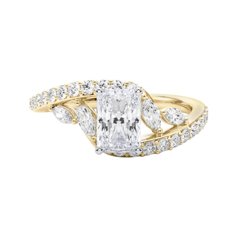 Bague en or jaune GIA 1,7 carat Radiant Curved Bypass Leaf & Vine
