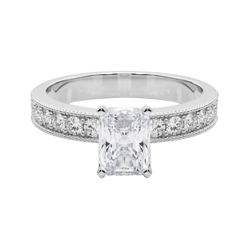 GIA 1,7 quilates Radiante Vintage Milgrain Canal Anillo de diamantes de oro blanco de 18 quilates