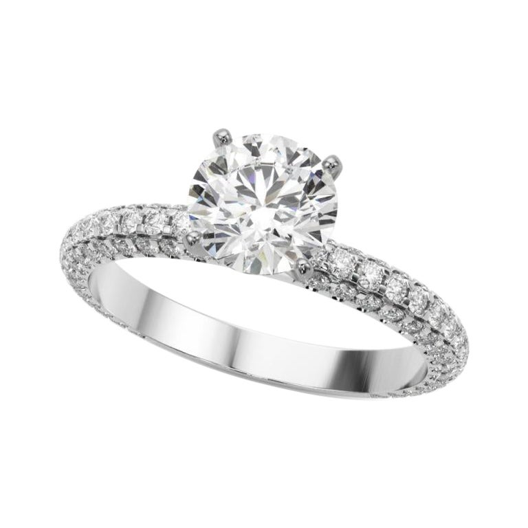 GIA 1,7 Carati Round Multi-Row Pave & Solitaire Anello di diamanti in oro bianco 18K