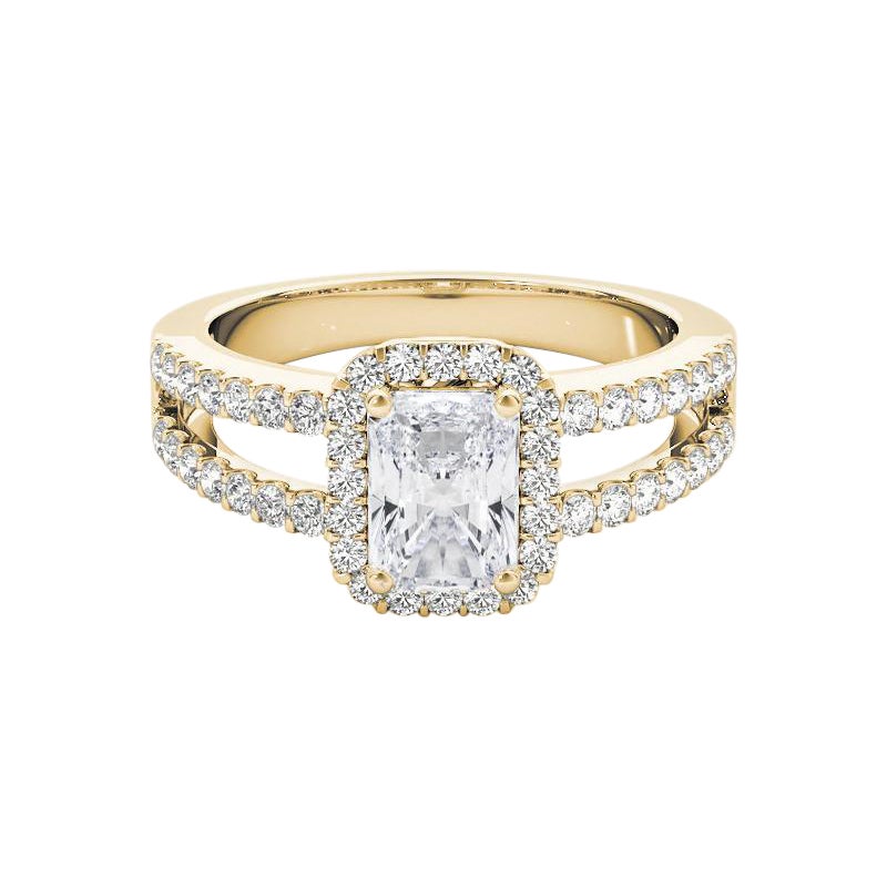 GIA 1,70 quilates Halo Radiante Filigrana Vástago partido Anillo de diamantes de oro amarillo de 18 quilates