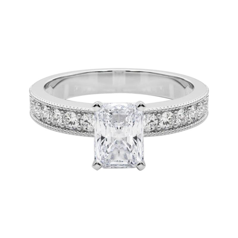 GIA 1.70 Carat Radiant Vintage Milgrain Channel 18K White Gold Diamond Ring For Sale
