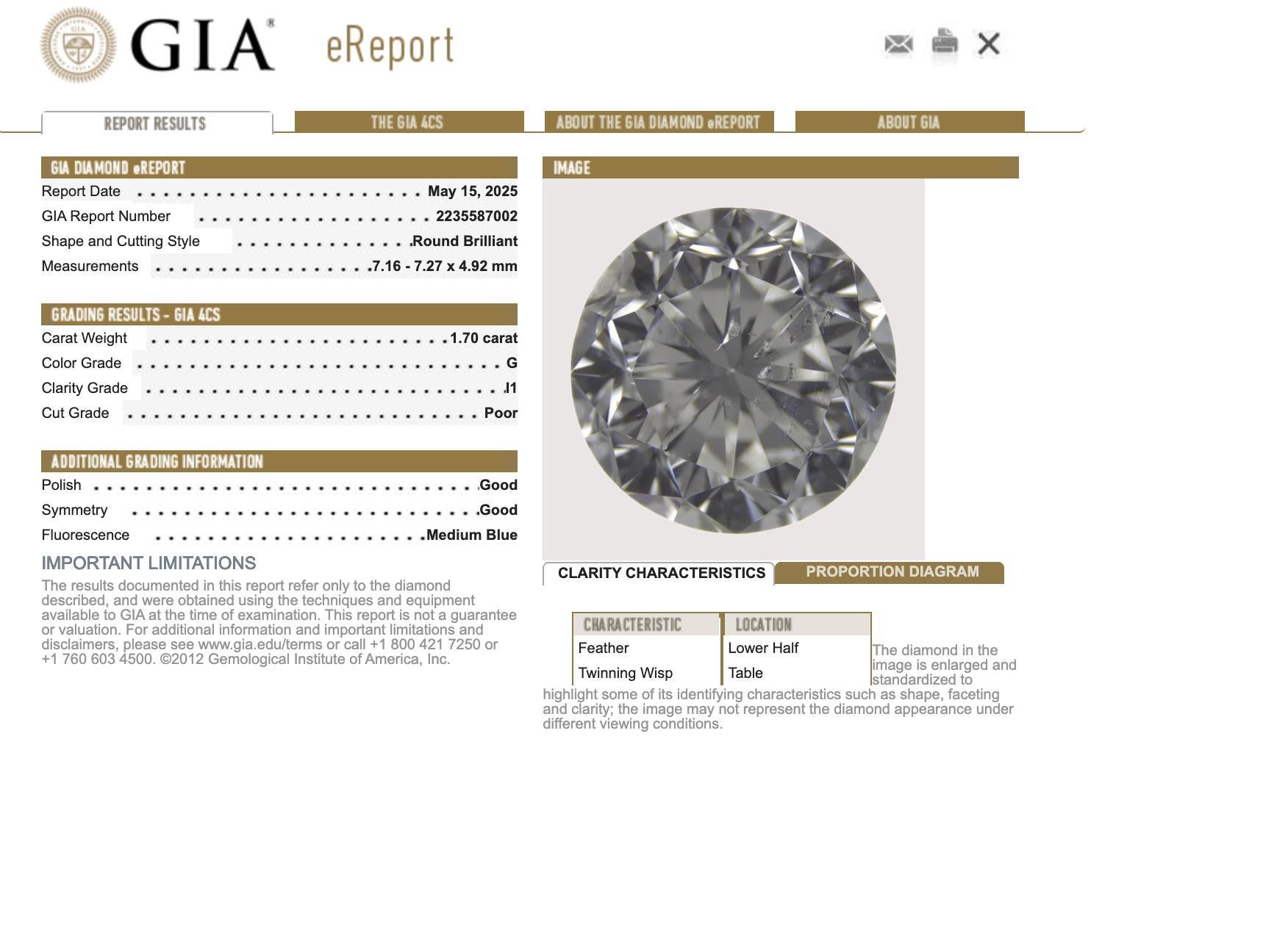 Bague de fiançailles en or blanc 18k GIA 1,70 carat diamant rond de taille brillant en vente 1