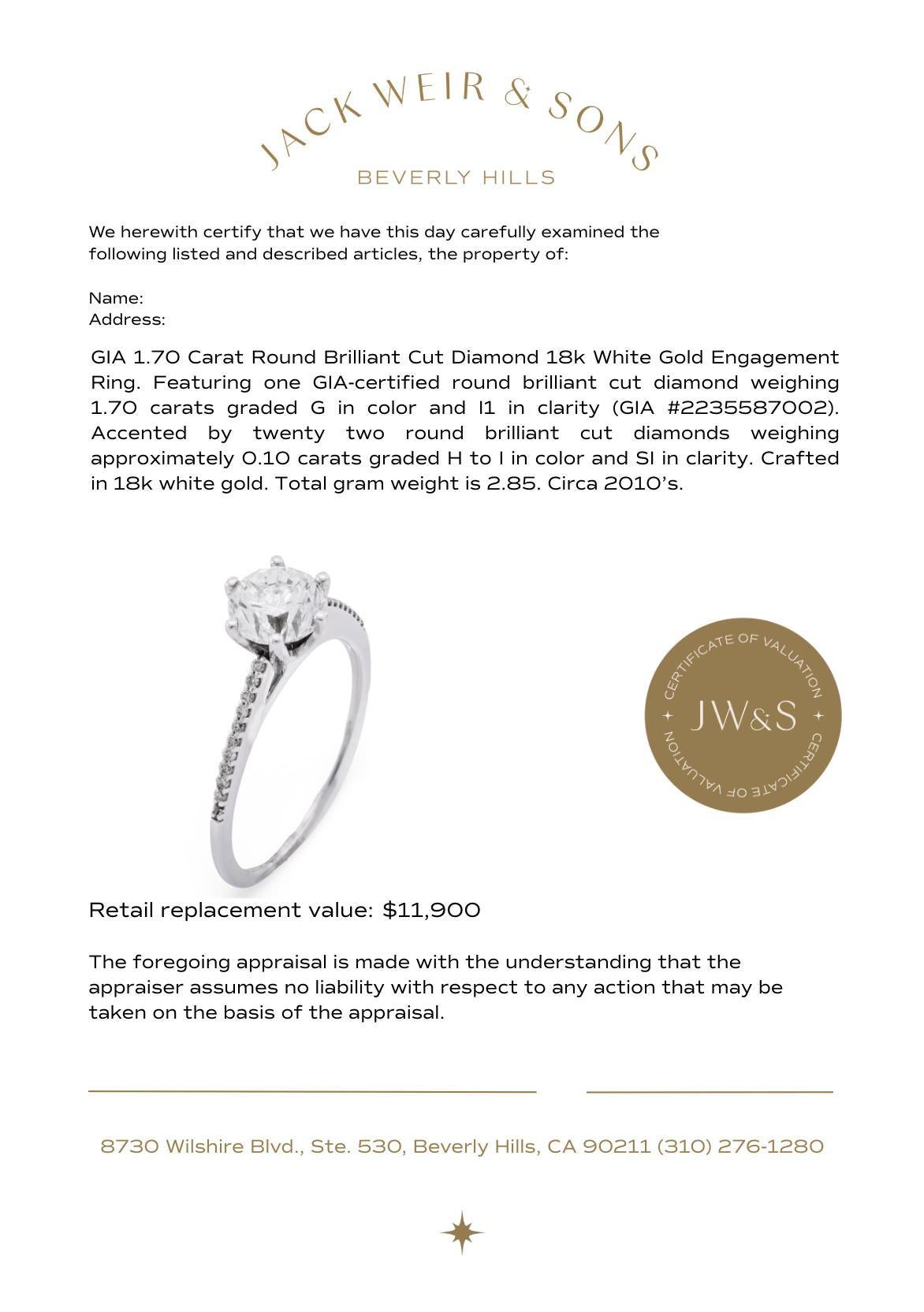 Bague de fiançailles en or blanc 18k GIA 1,70 carat diamant rond de taille brillant en vente 2