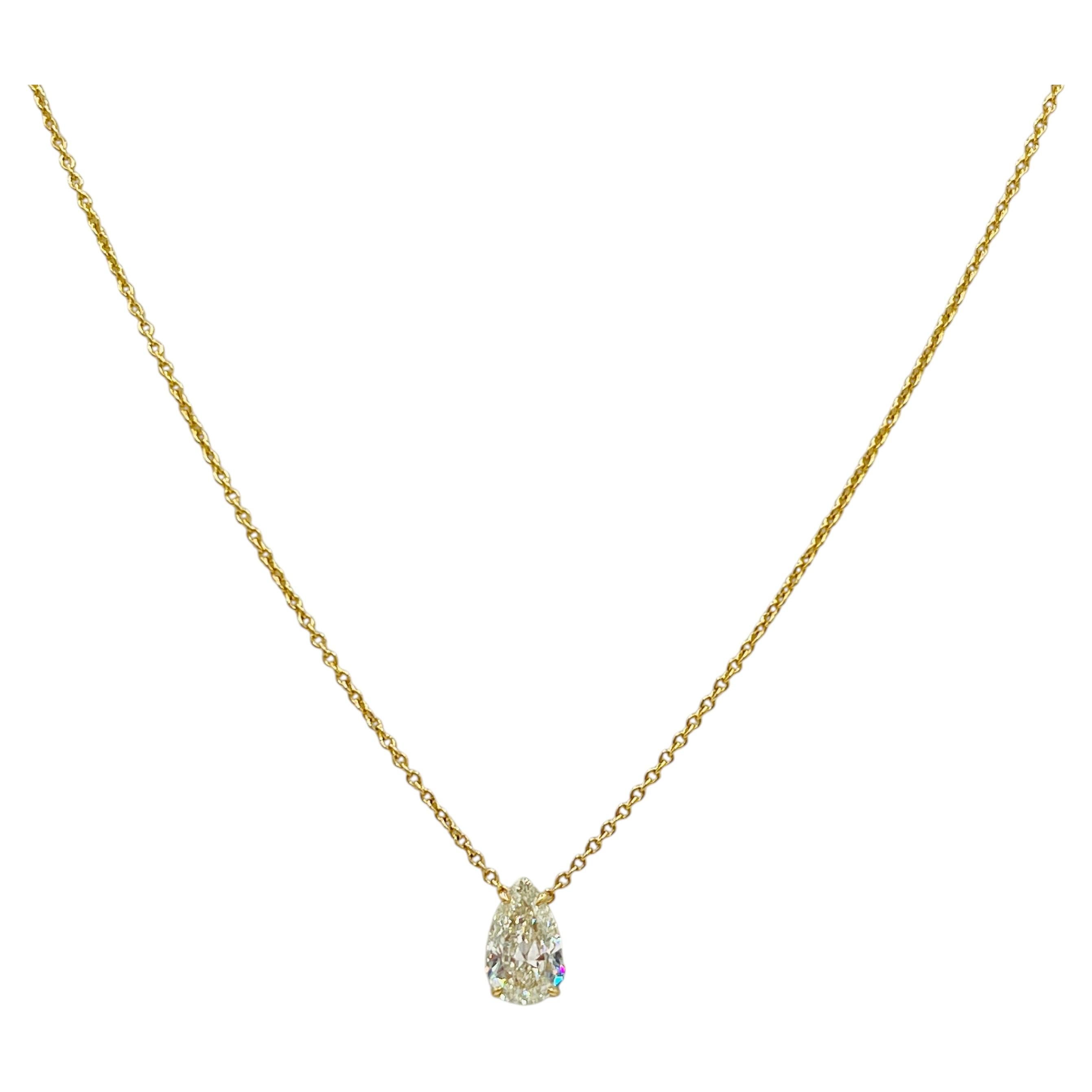 GIA 1.70 ct Pear Shape Diamond Pendant Necklace in 18K Yellow Gold