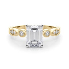 GIA 1.70ct Emerald Marquise & Round Milgrain Bezel Yellow Gold Diamond Ring