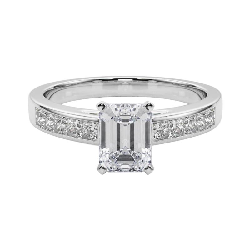 GIA 1.70ct Emerald Princess Channel Solitaire Center White Gold Diamond Ring For Sale