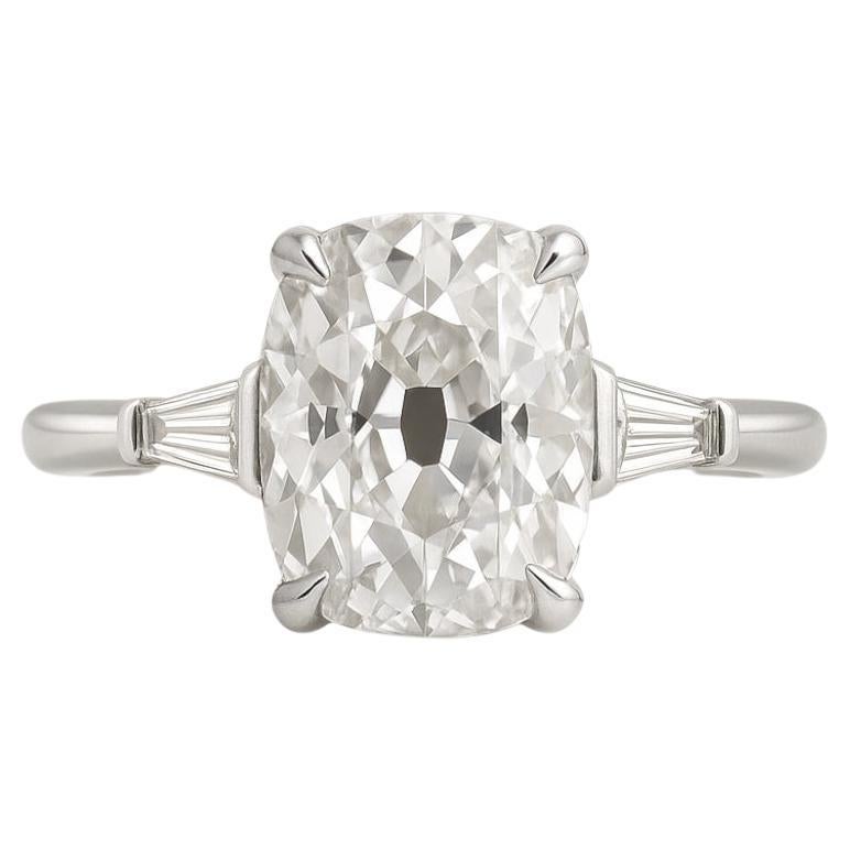 GIA 1.70ct Old Mine Cut Diamond Platinum Ring with Tapered Baguettes For Sale