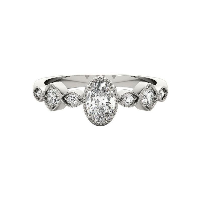 GIA 1.70ct Oval Bezel Set Multi-Stone Milgrain 18K White Gold Diamond Ring