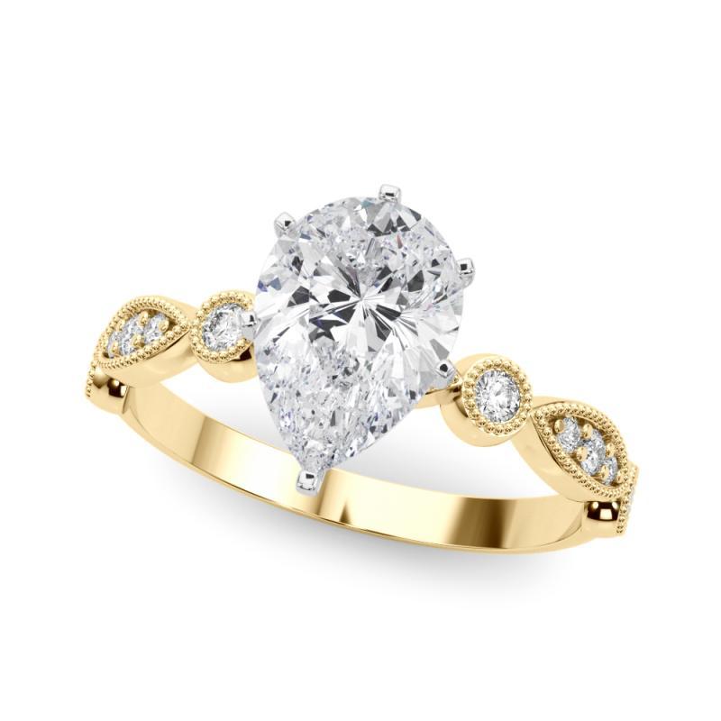 GIA Anillo de diamantes de oro amarillo con bisel milgrain redondo y marquesa de pera de 1,70 ct Corte pera en venta