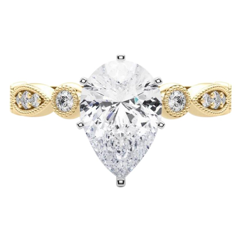 GIA Anillo de diamantes de oro amarillo con bisel milgrain redondo y marquesa de pera de 1,70 ct