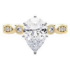 GIA Anillo de diamantes de oro amarillo con bisel milgrain redondo y marquesa de pera de 1,70 ct