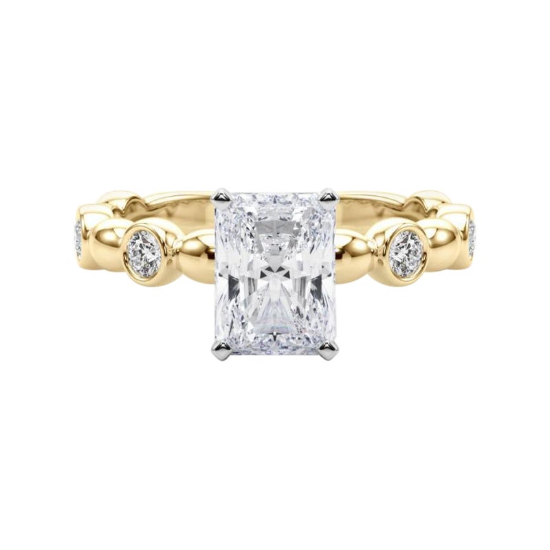 GIA 1,70 ct Piedra lateral radiante Banda de bisel Solitario Anillo de diamantes de oro amarillo